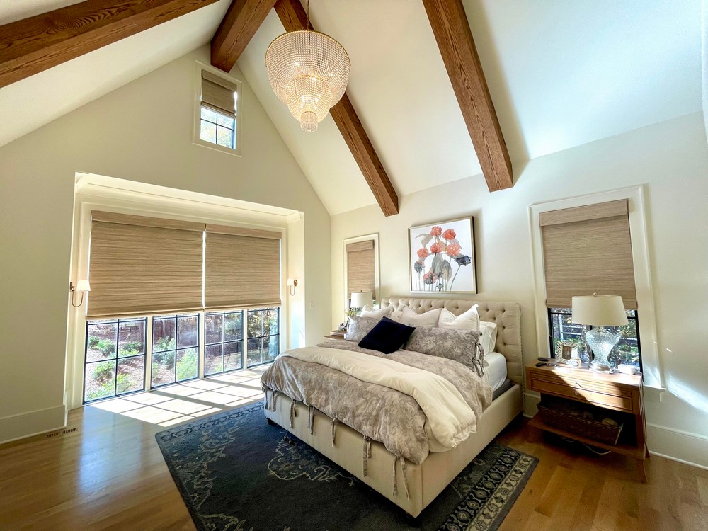 Beautiful Pro Design Motorized Woven Wood Roman Shades and Norman Roller Shades Project on Forest Hills Dr in Charlotte, NC